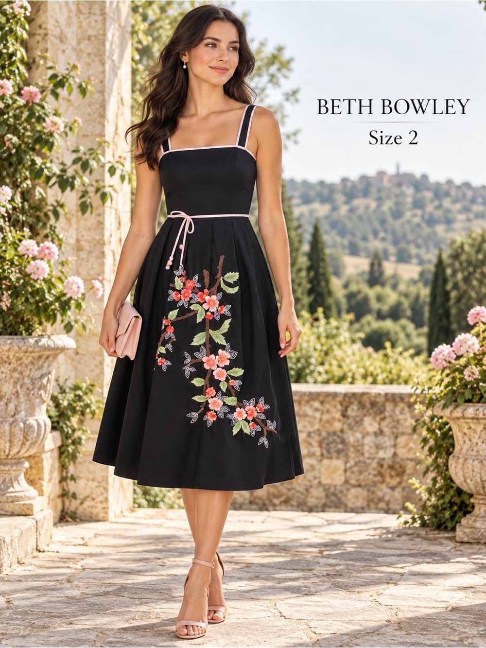 Beth Bowley Embroidered Floral Fit & Flare Midi Dress Black Size 2